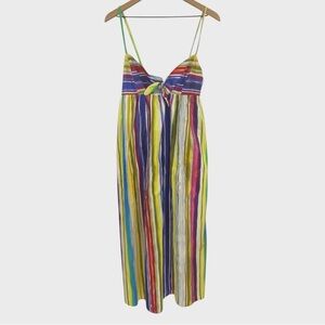 Sara Roka Multicolor Rainbow Stripe Tie Front Long Cotton Dress Size 42
